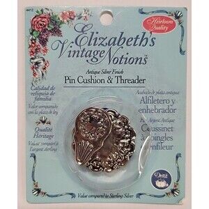 New Elizabeth's Vintage Notions Antique Silver Finished Pin Cushion‎ & Threader